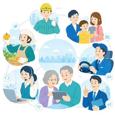 暮らしに関わるさまざまな住民と働く人々